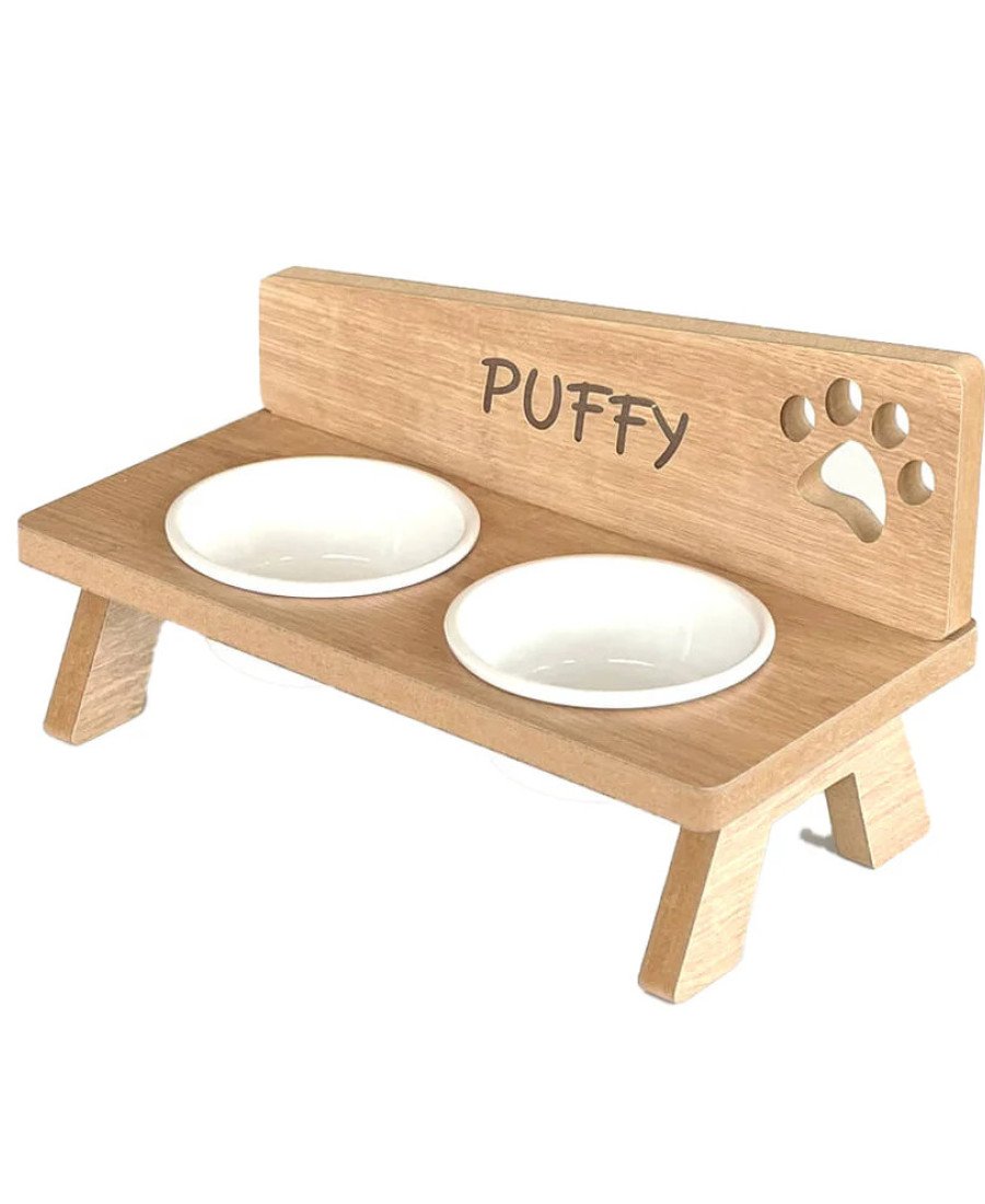 MDF Ahşap Mama Kabı İsme Özel Porselen Kaseli