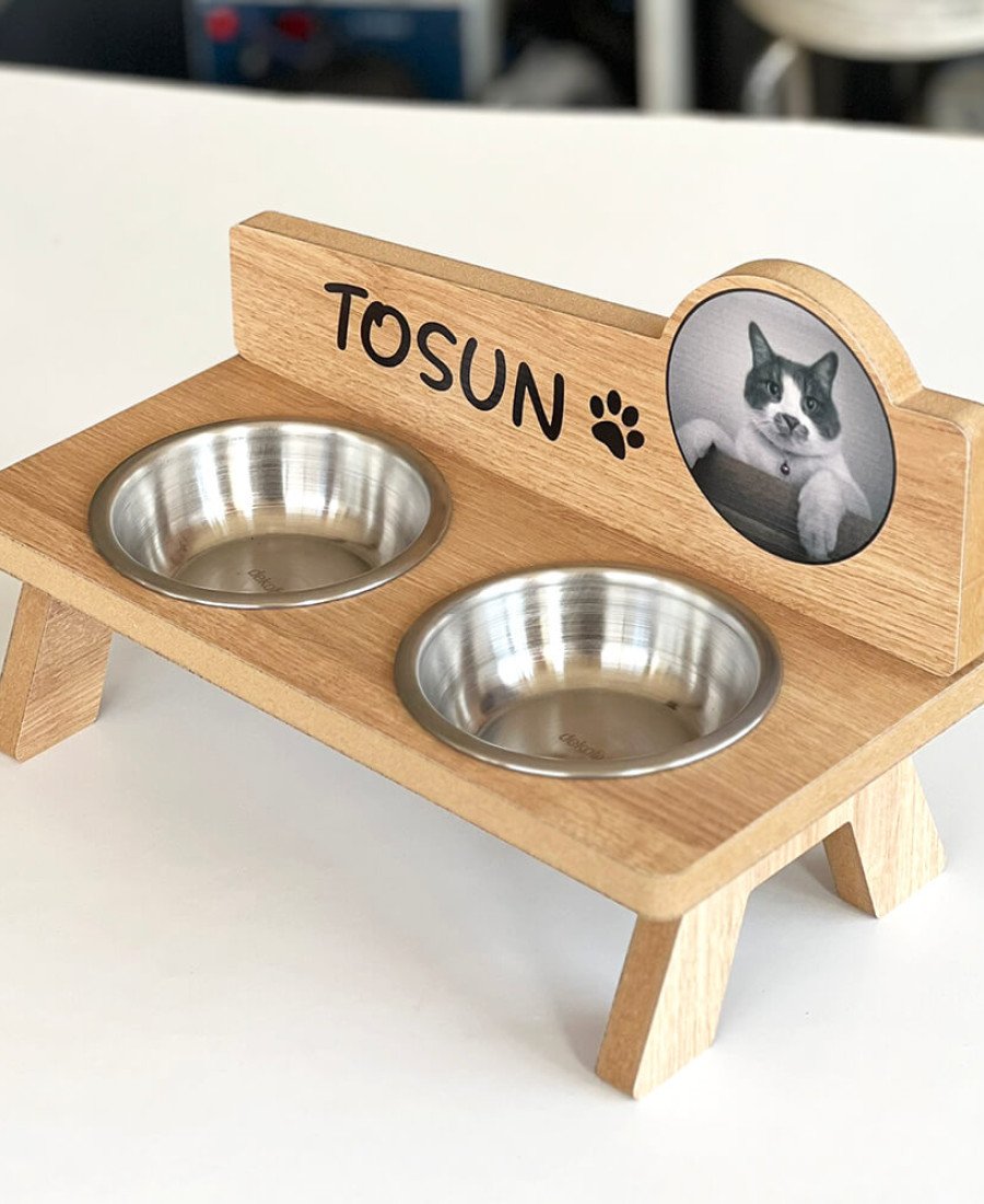 Fotoğraflı MDF Ahşap Mama Kabı İsme Özel Çelik Kaseli