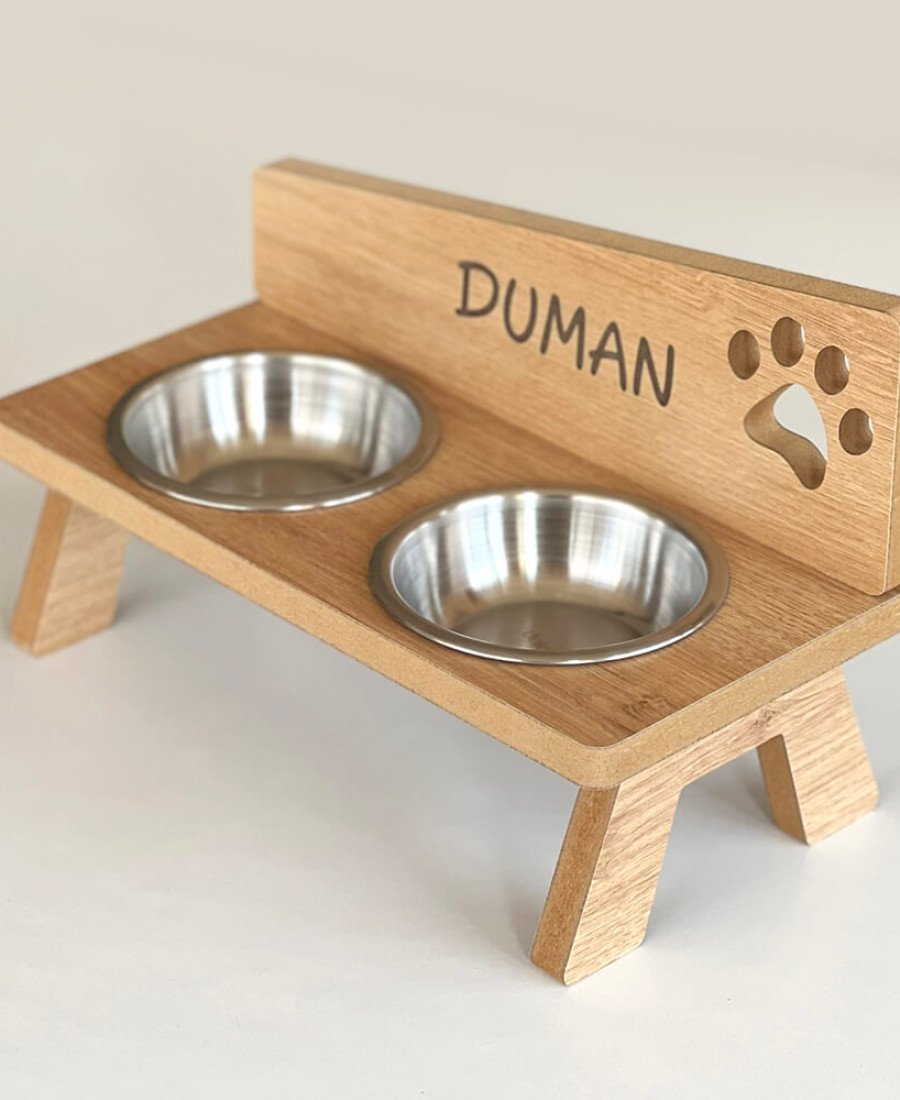 MDF Ahşap Mama Kabı İsme Özel Çelik Kaseli