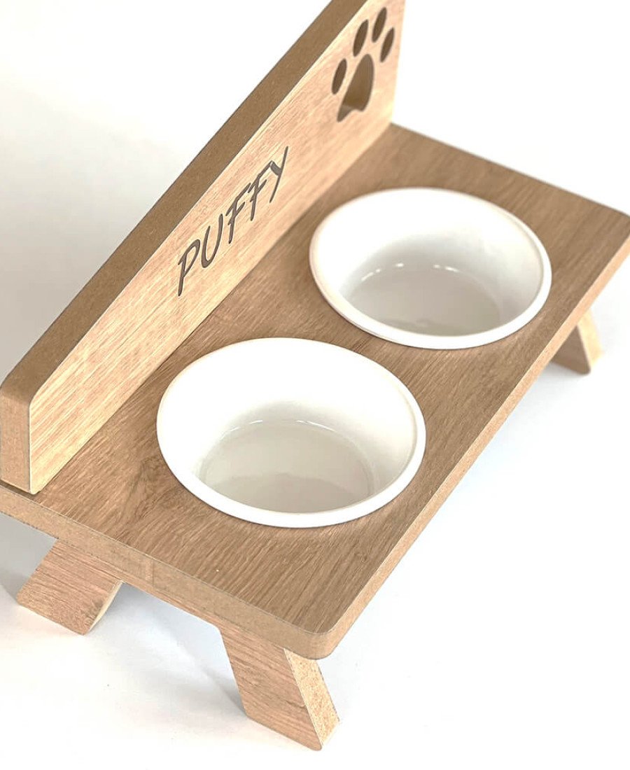 MDF Ahşap Mama Kabı İsme Özel Porselen Kaseli