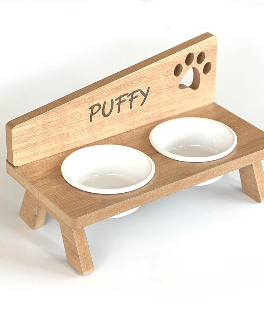 MDF Ahşap Mama Kabı İsme Özel Porselen Kaseli