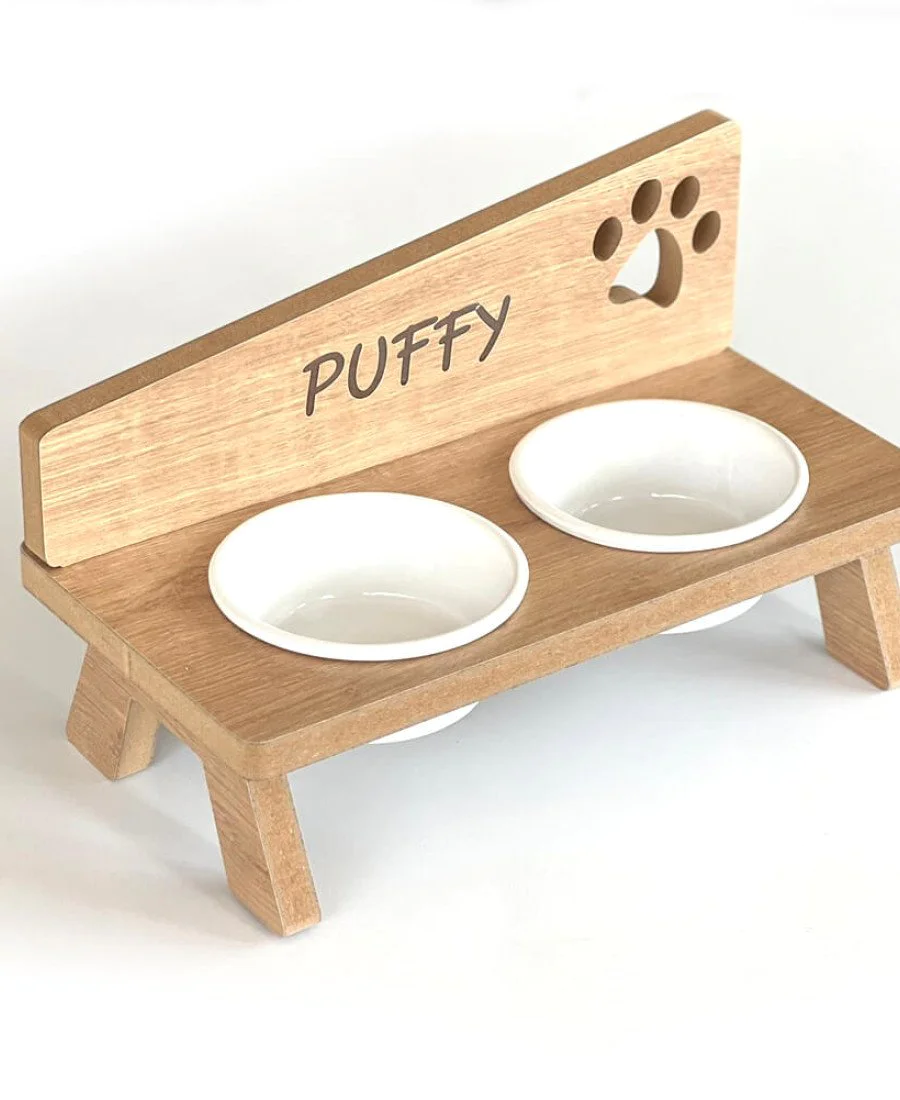 MDF Ahşap Mama Kabı İsme Özel Porselen Kaseli MDF Ahşap Mama Kabı İsme Özel Porselen Kaseli