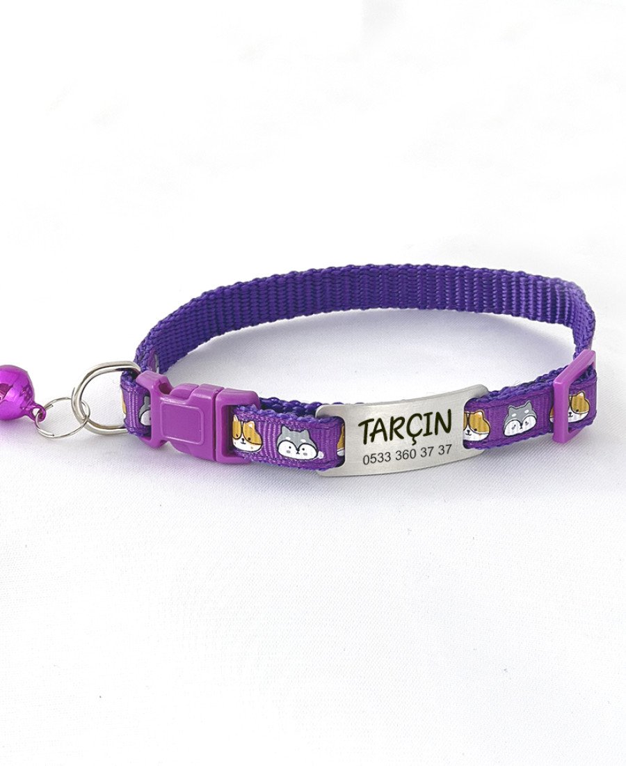 Mor Kedi Kafası Desenli Metal Künye ve Tasma Sallanmayan Tasma