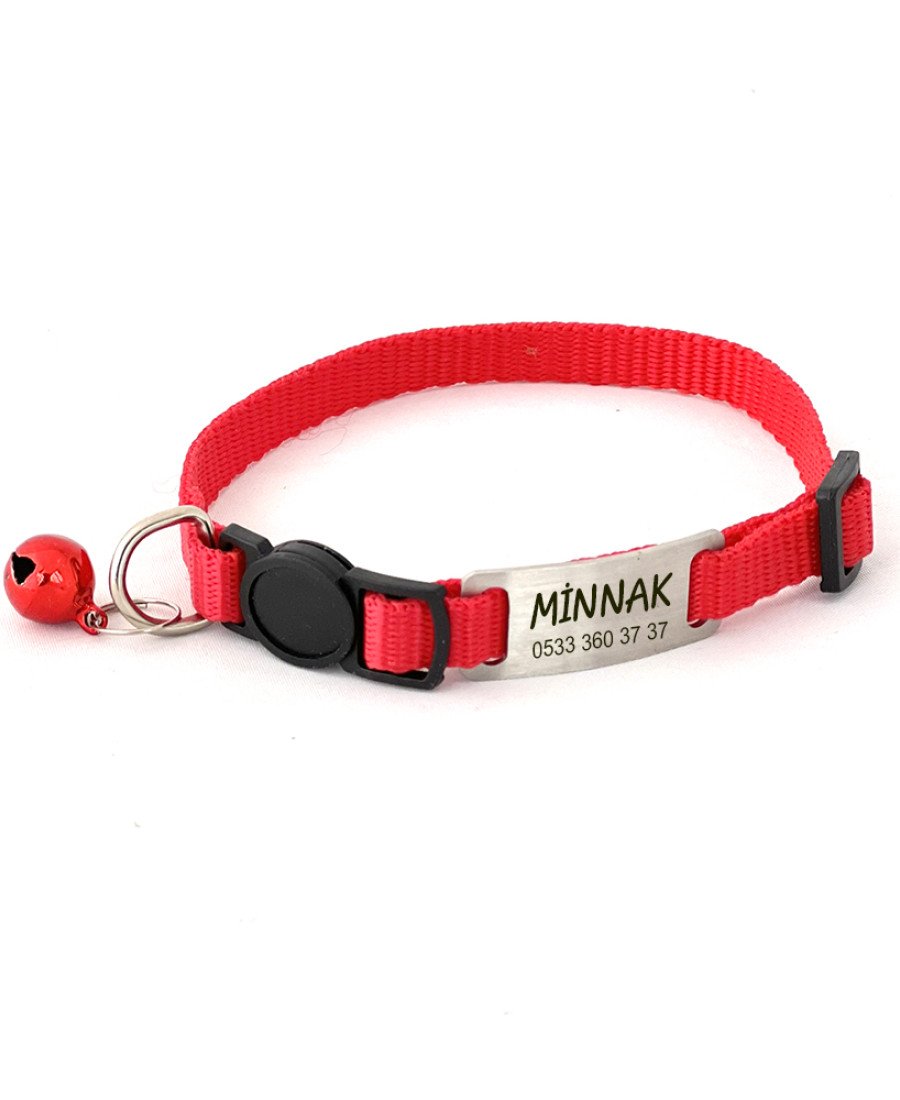 Düz Kırmızı Safety Click Tasma İsimlikli Güvenlik Kilitli Sallanmayan Tasma 