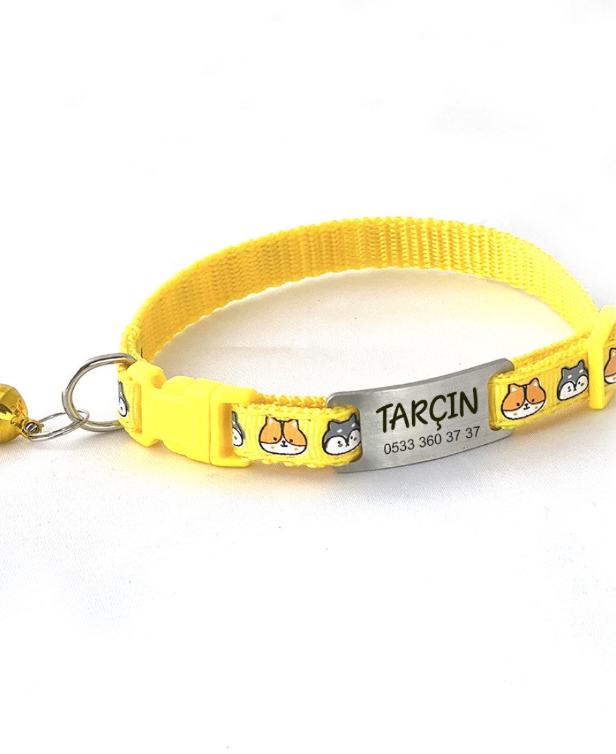 Kedi Kafası Desenli Metal Künye ve Tasma Sallanmayan Tasma