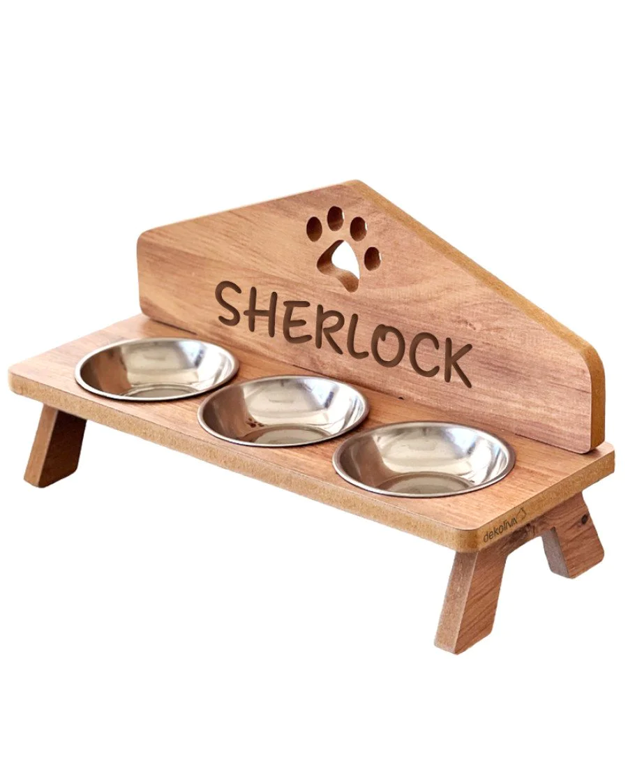 MDF Ahşap Üç Kaseli Mama Kabı 7871