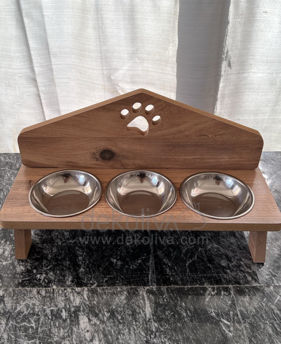 MDF Ahşap Üç Kaseli Mama Kabı 7871