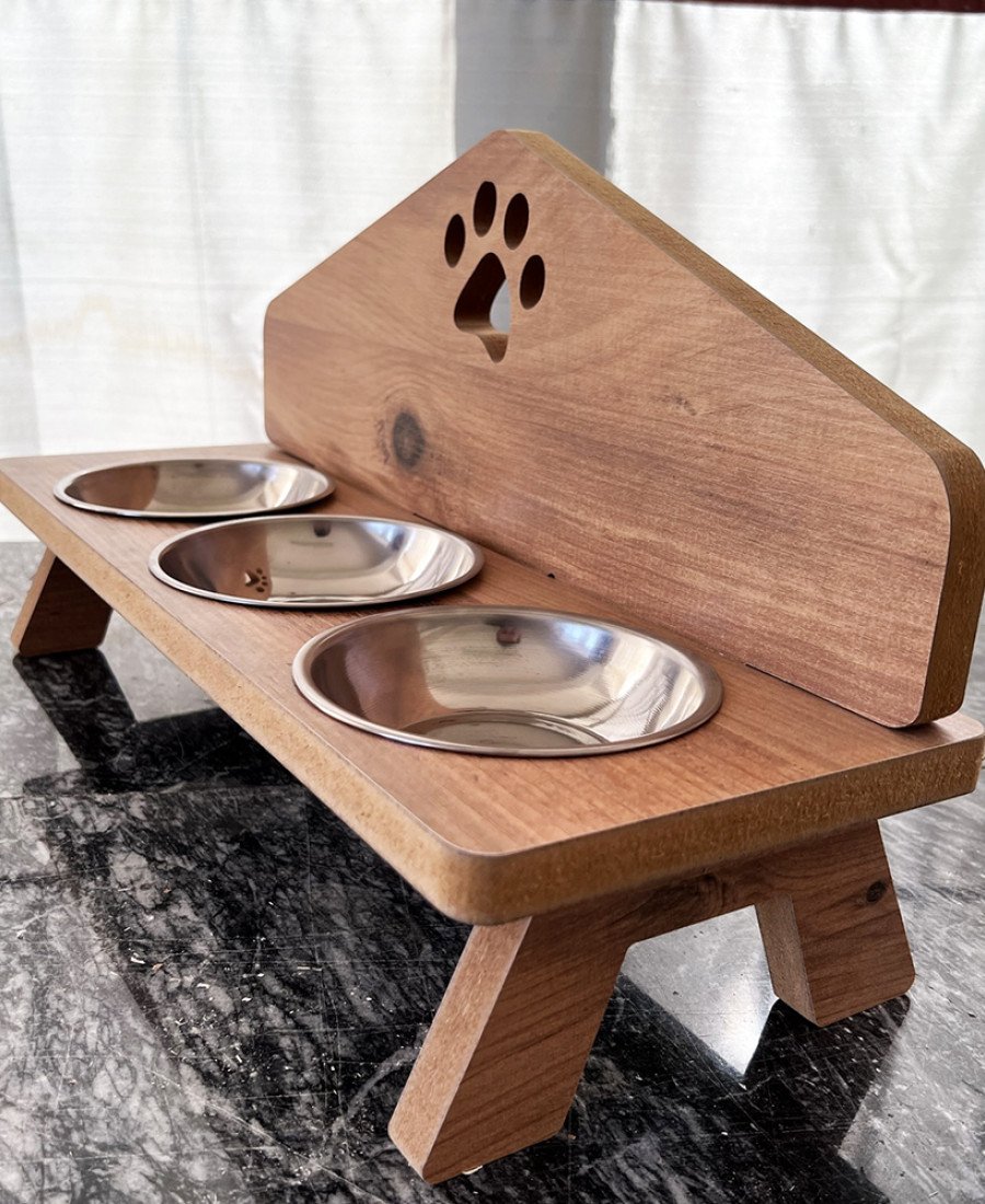 MDF Ahşap Üç Kaseli Mama Kabı 7871