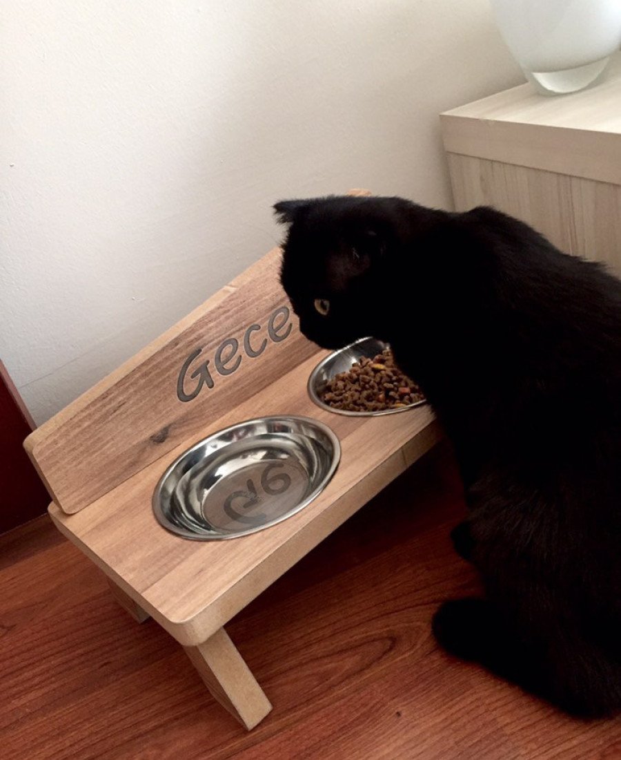 MDF Ahşap Mama Kabı İsme Özel Çelik Kaseli