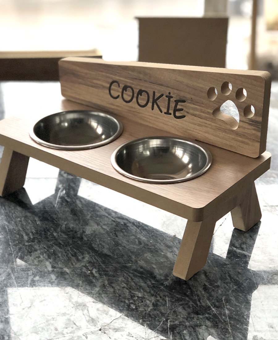 MDF Ahşap Mama Kabı İsme Özel Çelik Kaseli