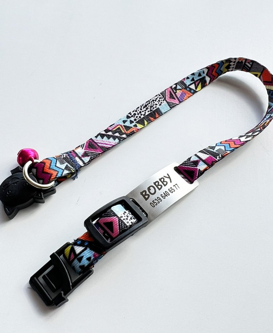 Safety Click Etnik Desenli Baskılı Kedi Tasması Metal Künyeli