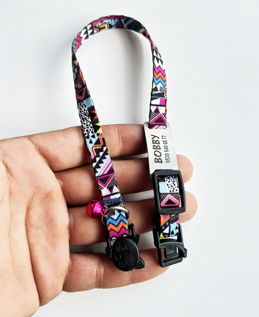 Safety Click Etnik Desenli Baskılı Kedi Tasması Metal Künyeli