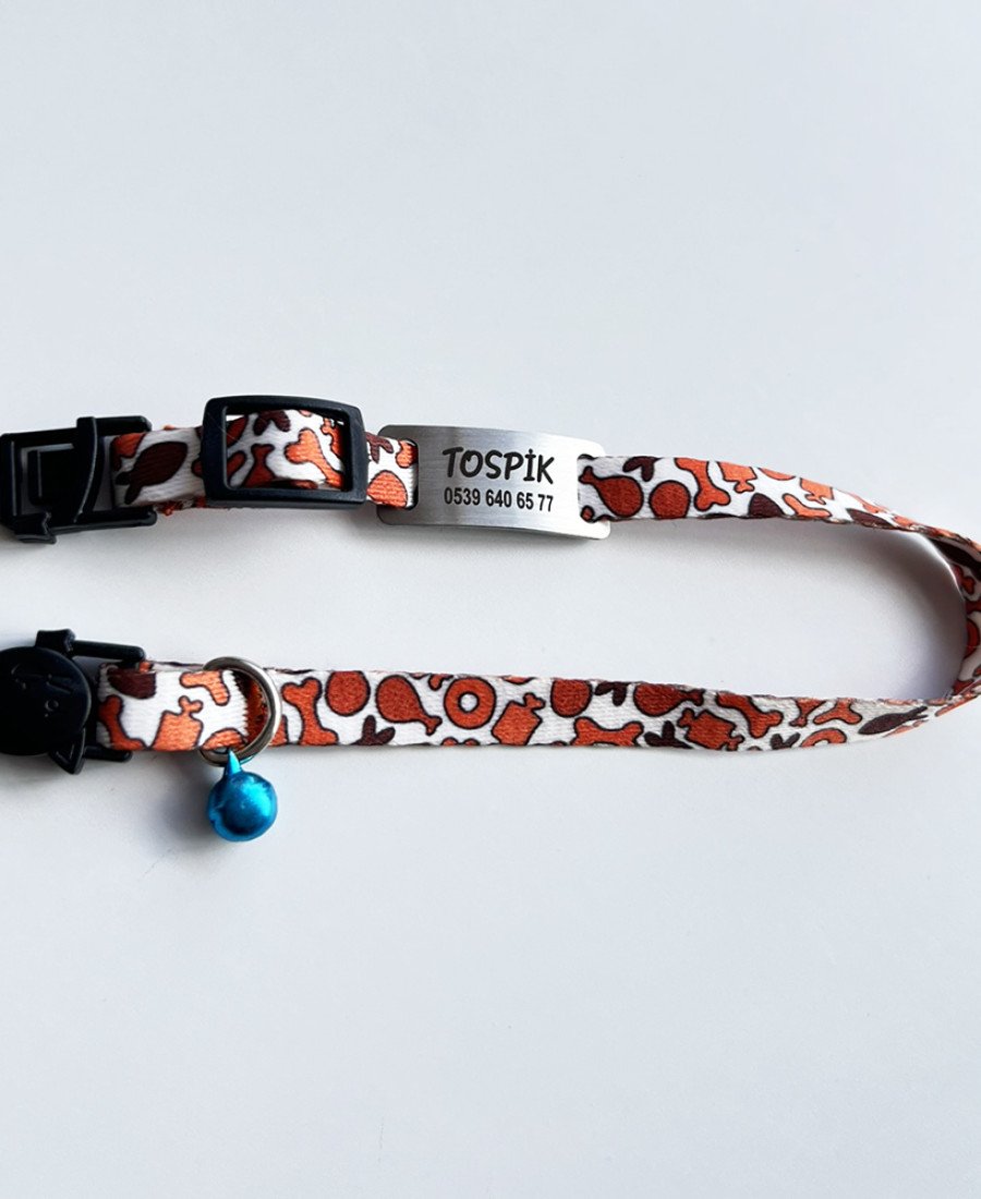 Safety Click Kemik Desenli Baskılı Kedi Tasması Metal Künyeli