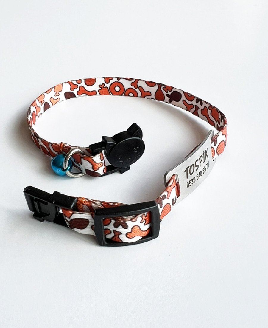Safety Click Kemik Desenli Baskılı Kedi Tasması Metal Künyeli