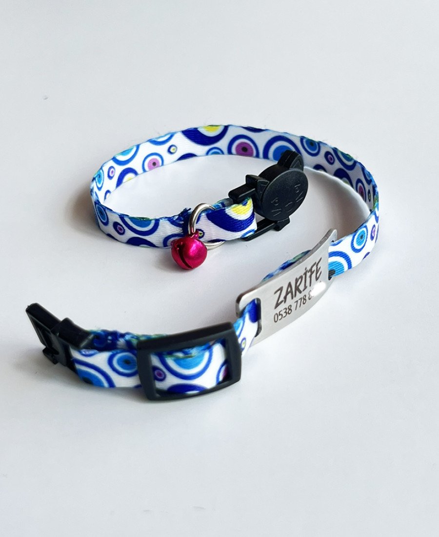 Safety Click Nazarlık Desenli Baskılı Kedi Tasması Metal Künyeli