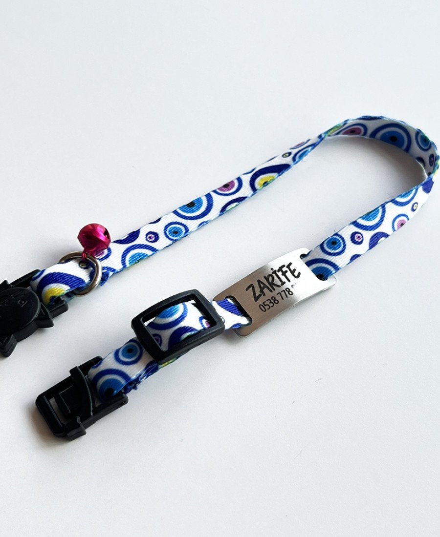 Safety Click Nazarlık Desenli Baskılı Kedi Tasması Metal Künyeli