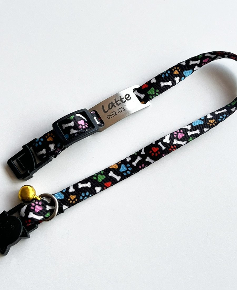 Safety Click Pati Desenli Baskılı Kedi Tasması Metal Künyeli