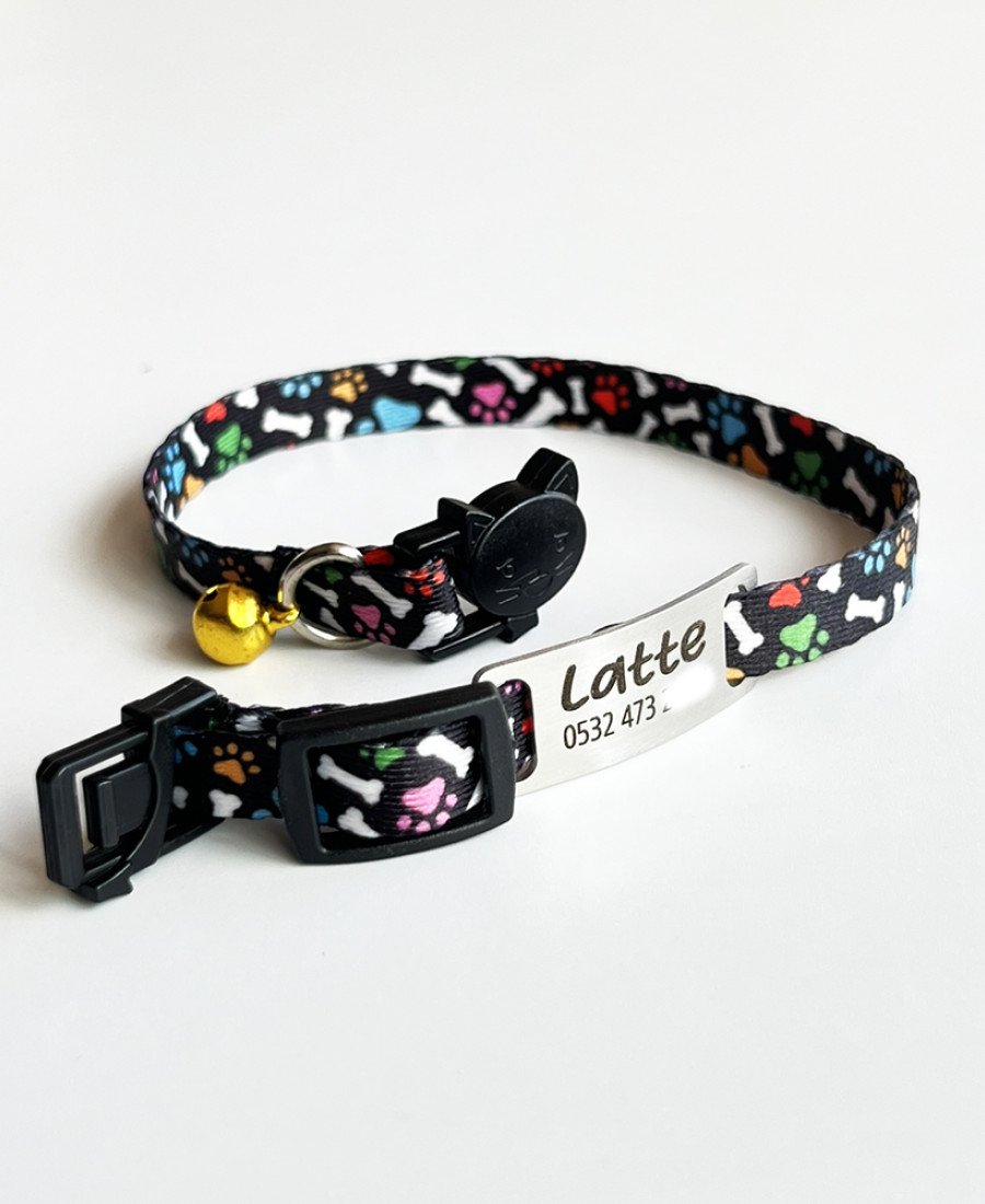 Safety Click Pati Desenli Baskılı Kedi Tasması Metal Künyeli