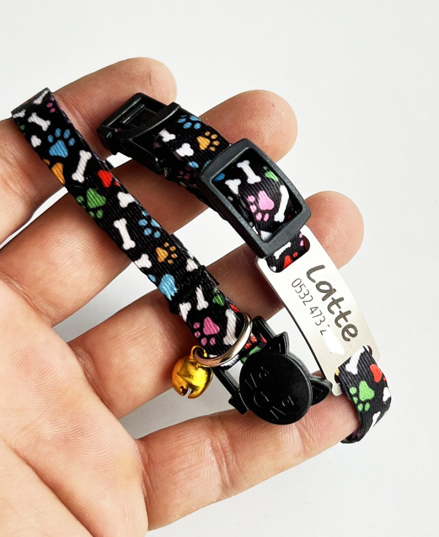 Safety Click Pati Desenli Baskılı Kedi Tasması Metal Künyeli