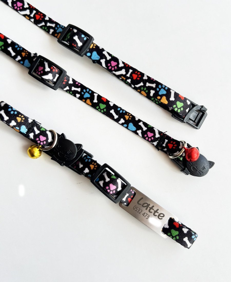 Safety Click Pati Desenli Baskılı Kedi Tasması Metal Künyeli