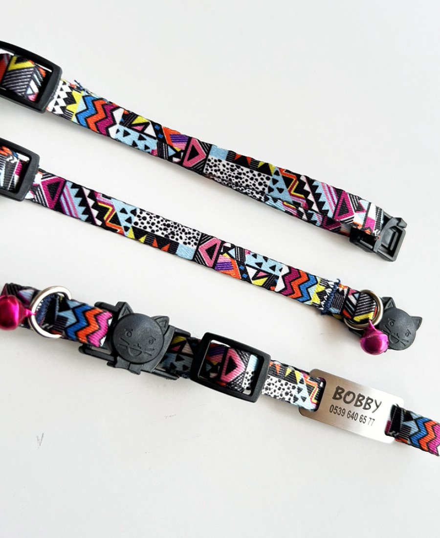 Safety Click Etnik Desenli Baskılı Kedi Tasması Metal Künyeli