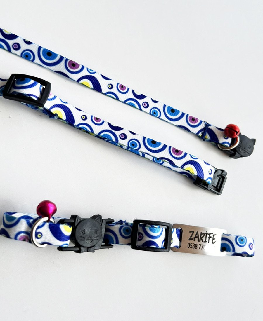 Safety Click Nazarlık Desenli Baskılı Kedi Tasması Metal Künyeli
