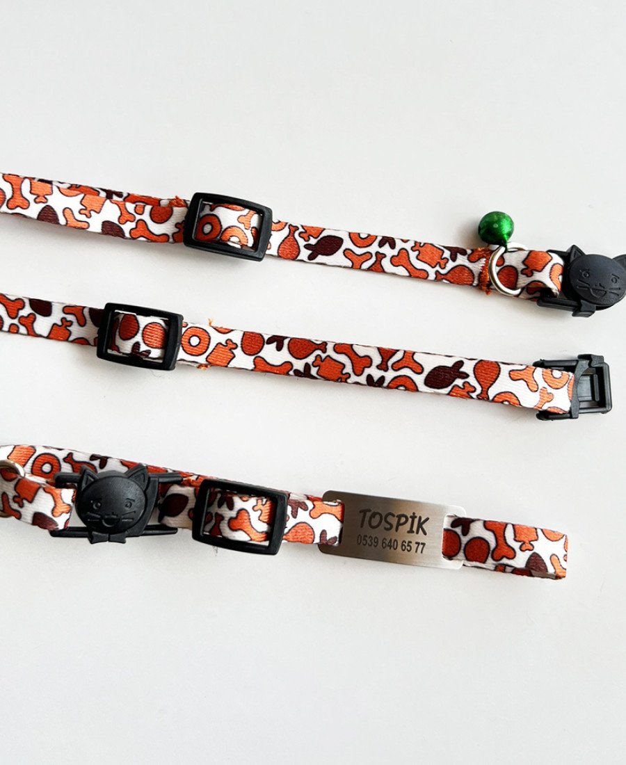Safety Click Kemik Desenli Baskılı Kedi Tasması Metal Künyeli