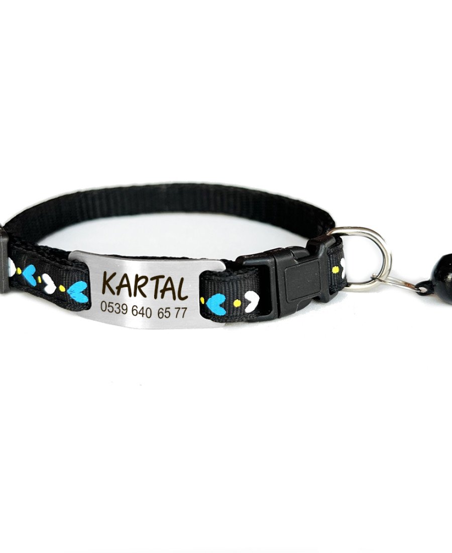 Kediler İçin Siyah Kalp Desenli Tasma Sallanmayan Metal Künye