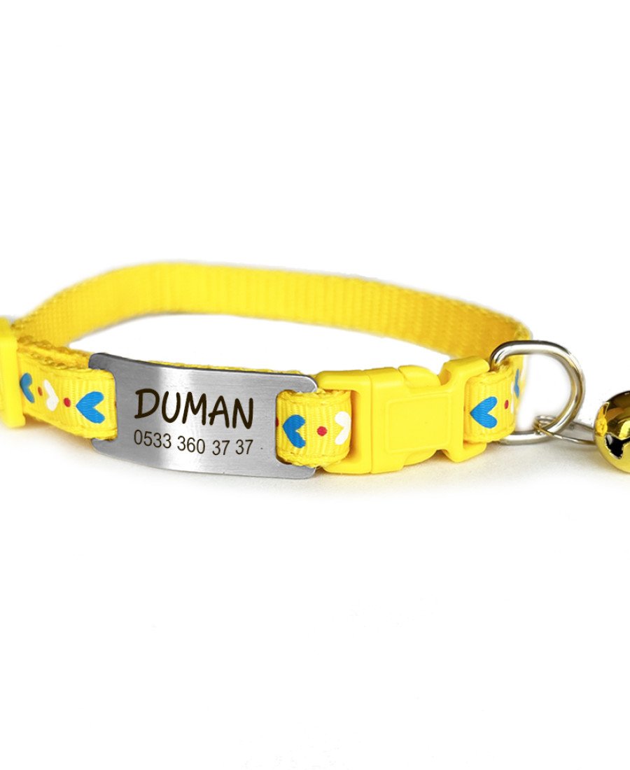 Kediler İçin Sarı Kalp Desenli Tasma Sallanmayan Metal Künye
