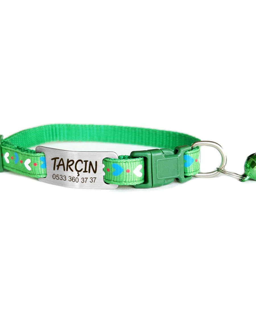 Kediler İçin Yeşil Kalp Desenli Tasma Sallanmayan Metal Künye