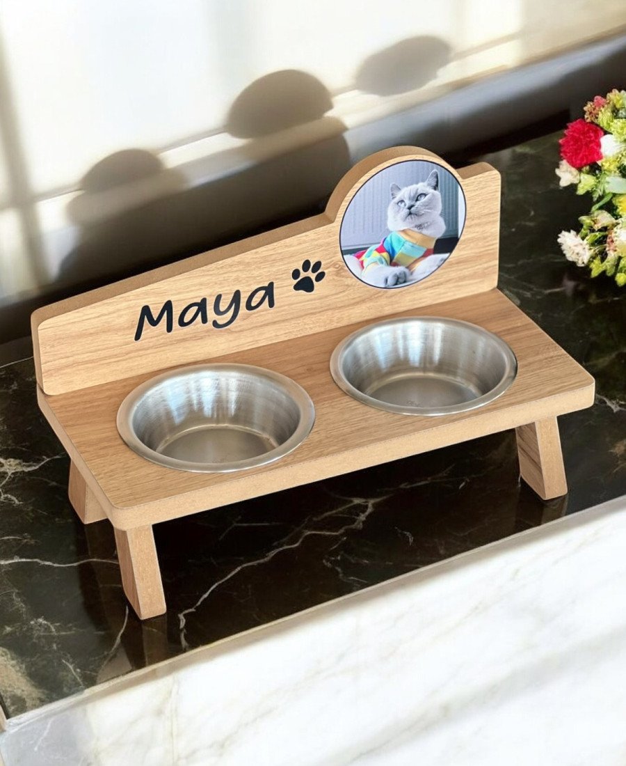 Fotoğraflı MDF Ahşap Mama Kabı İsme Özel Çelik Kaseli
