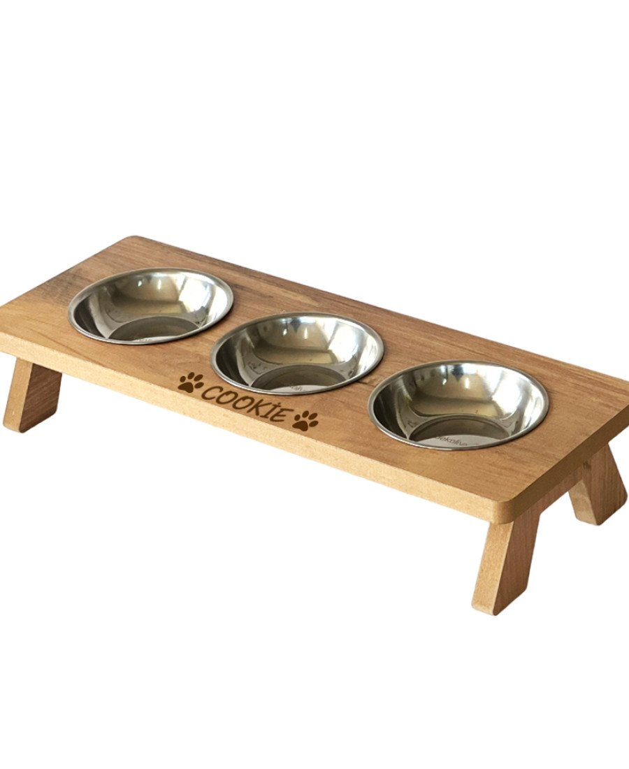 MDF Ahşap 3 Kaseli Mama Kabı 