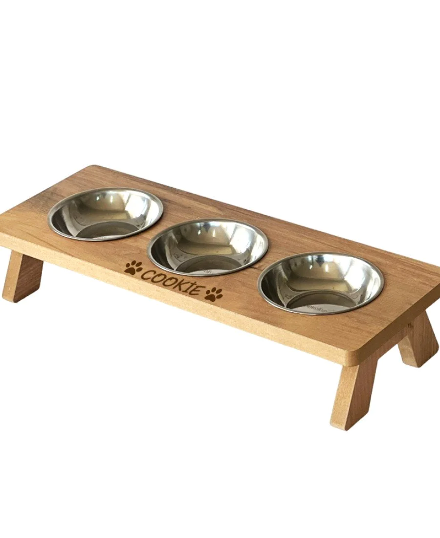 MDF Ahşap 3 Kaseli Mama Kabı 