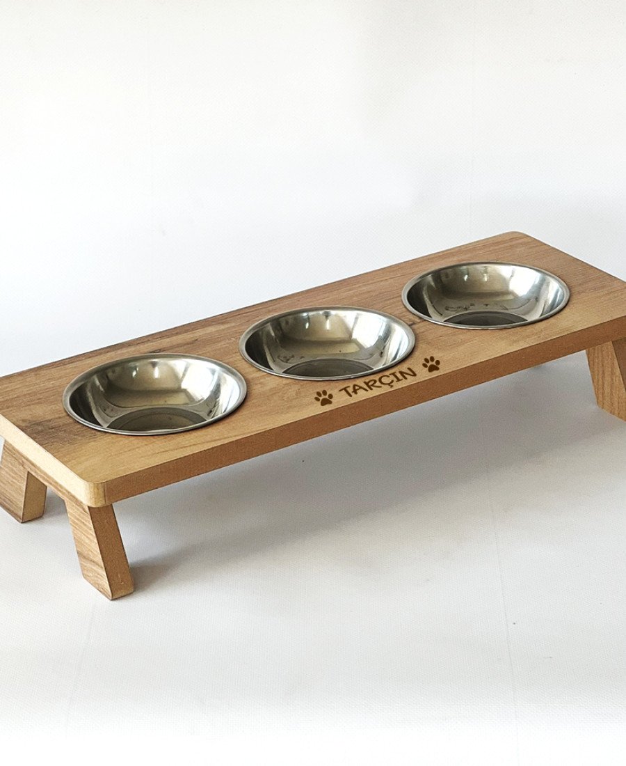 MDF Ahşap 3 Kaseli Mama Kabı 