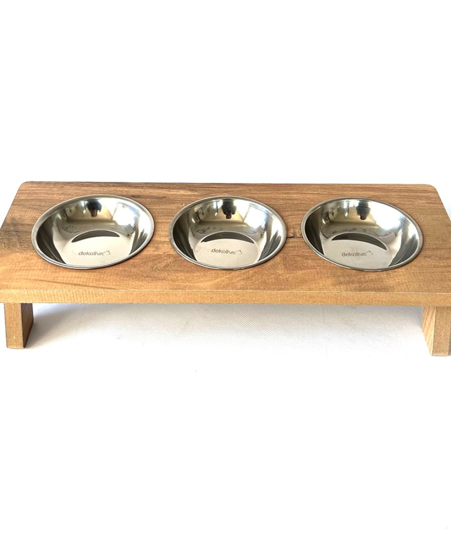 MDF Ahşap 3 Kaseli Mama Kabı