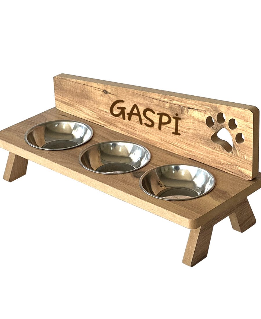 MDF Ahşap Üç Kaseli Mama Kabı 7861