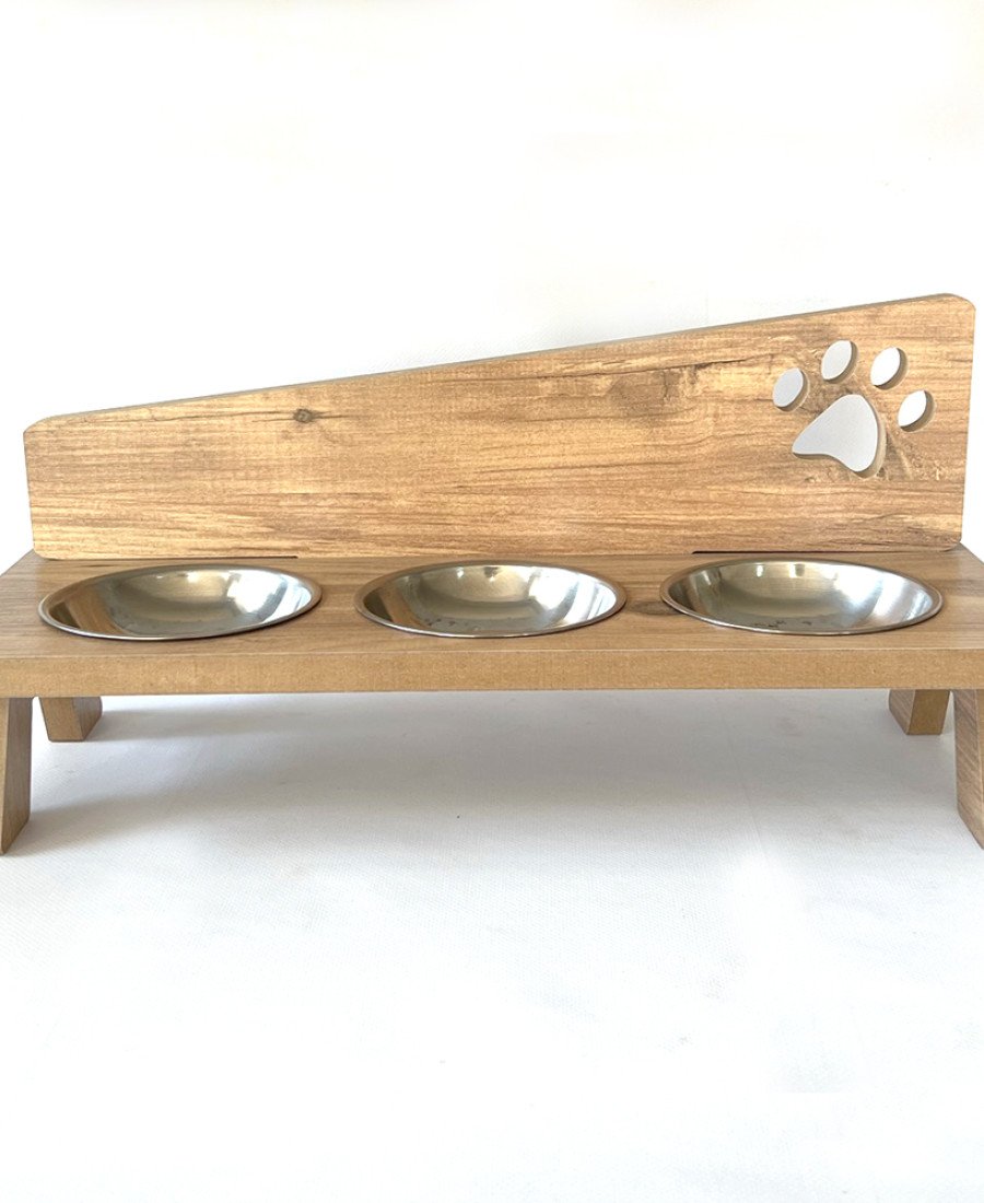 MDF Ahşap Üç Kaseli Mama Kabı 7861