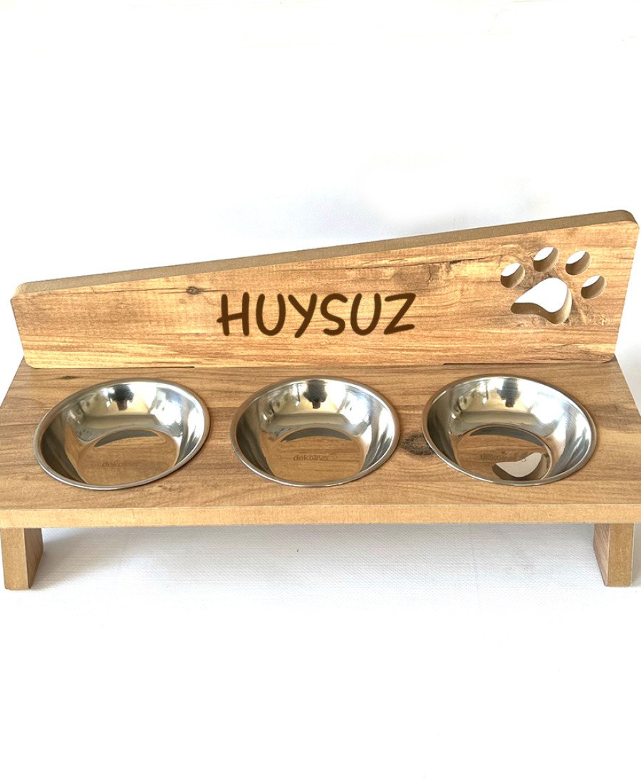 MDF Ahşap Üç Kaseli Mama Kabı 7861