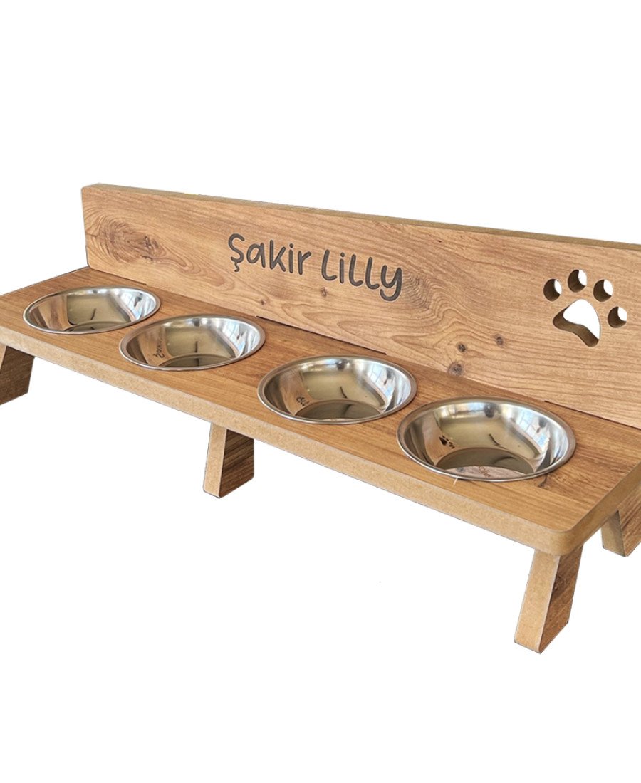 MDF Ahşap Dört Kaseli Mama Kabı 7444