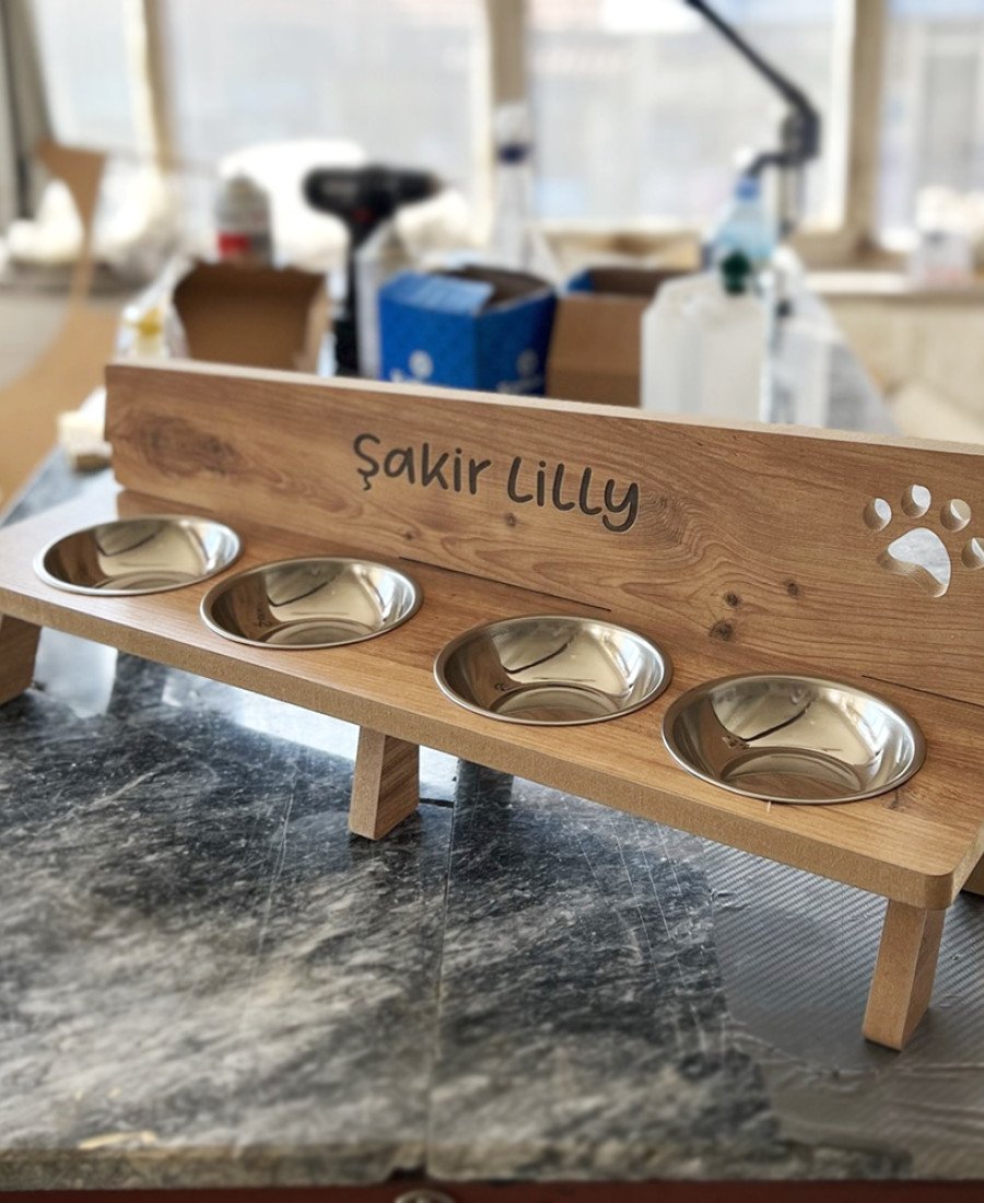 MDF Ahşap Dört Kaseli Mama Kabı 7444