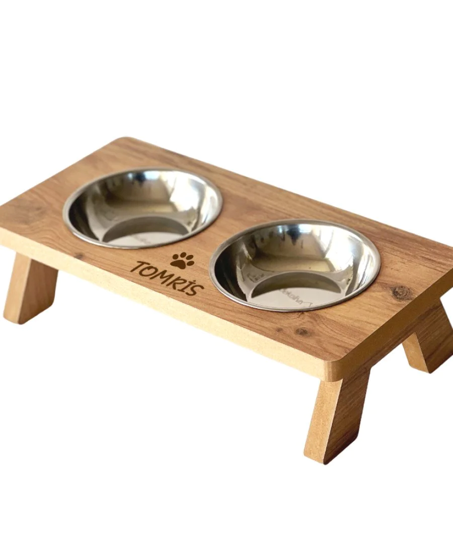 MDF Ahşap Mama Kabı Çelik Kaseli