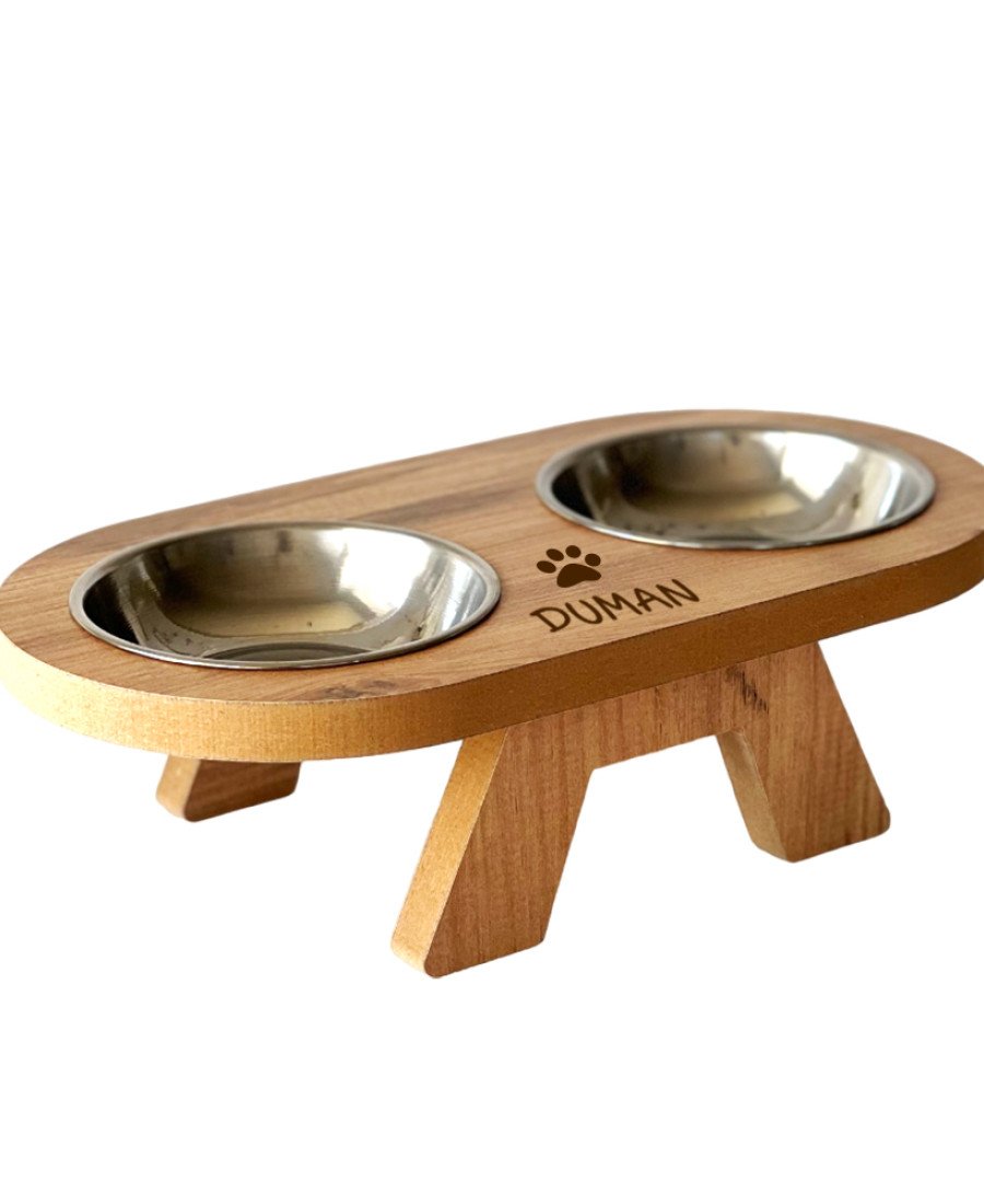 MDF Oval Ahşap Mama Kabı Çelik Kaseli