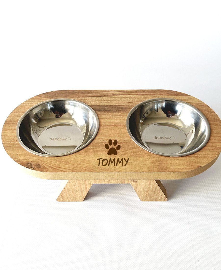 MDF Oval Ahşap Mama Kabı Çelik Kaseli