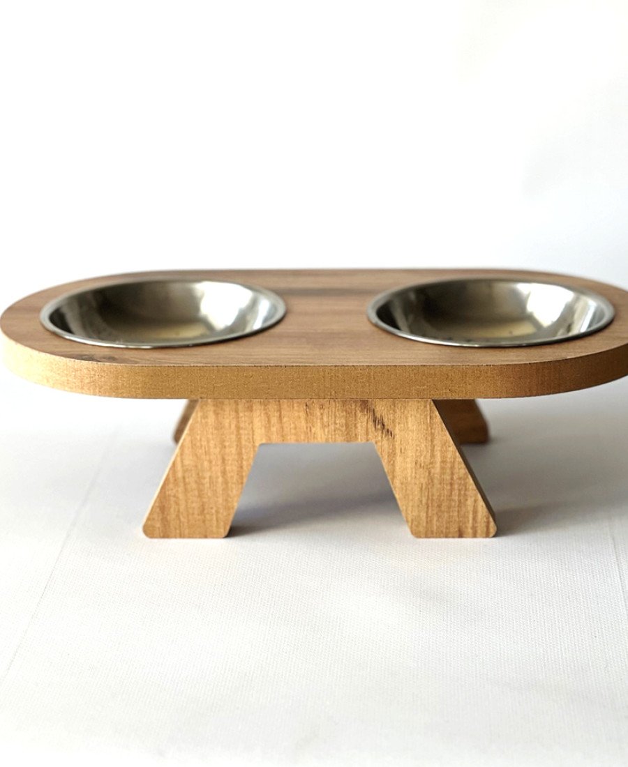 MDF Oval Ahşap Mama Kabı Çelik Kaseli