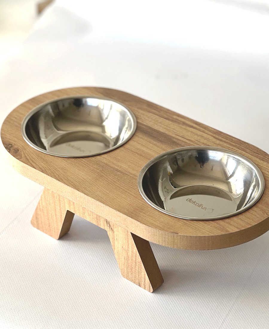 MDF Oval Ahşap Mama Kabı Çelik Kaseli