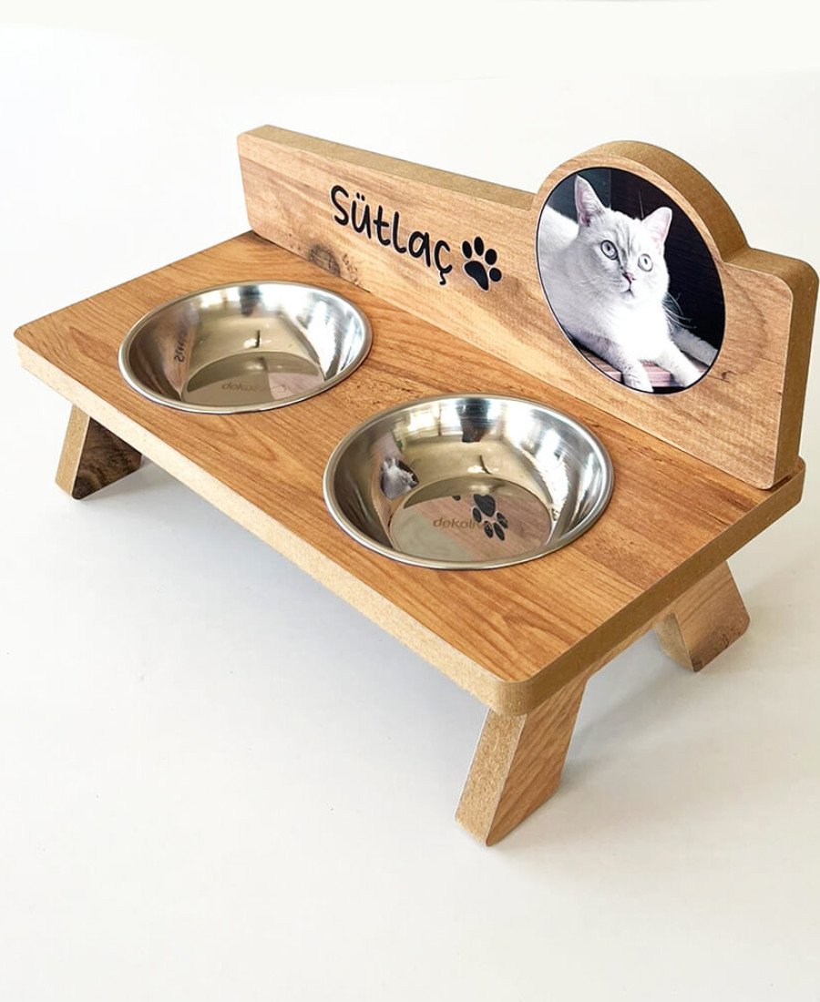 Fotoğraflı MDF Ahşap Mama Kabı İsme Özel Çelik Kaseli