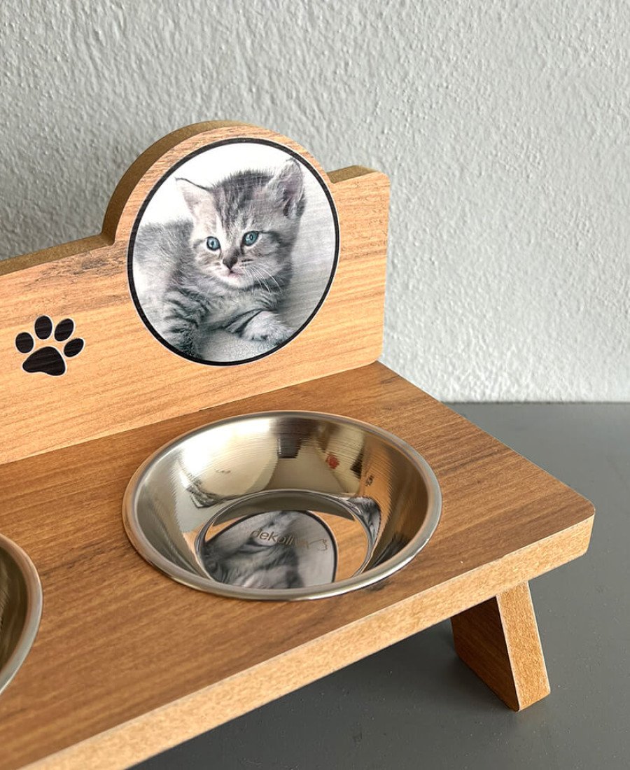 Fotoğraflı MDF Ahşap Mama Kabı İsme Özel Çelik Kaseli