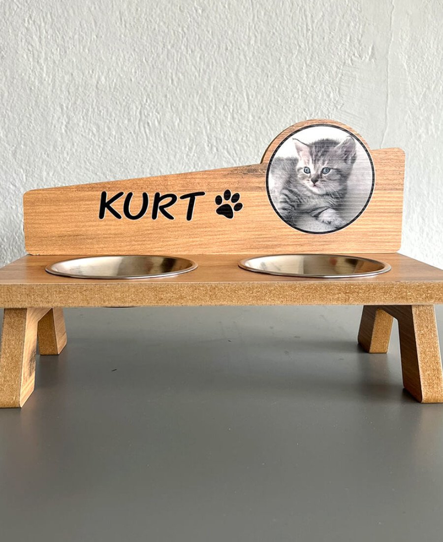 Fotoğraflı MDF Ahşap Mama Kabı İsme Özel Çelik Kaseli