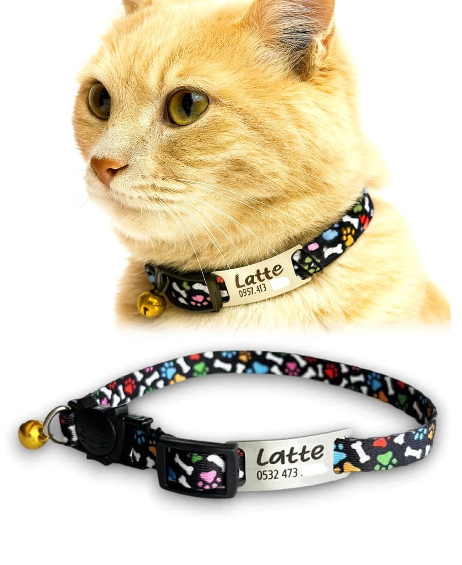 Safety Click Pati Desenli Baskılı Kedi Tasması Metal Künyeli
