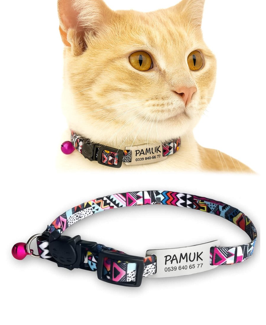Safety Click Etnik Desenli Baskılı Kedi Tasması Metal Künyeli